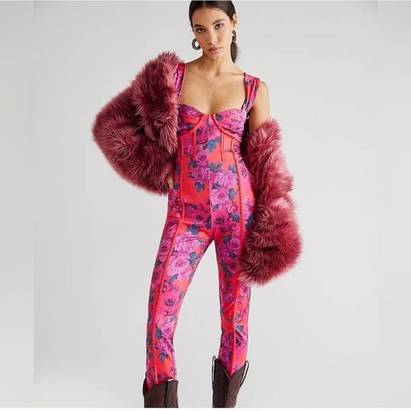 Free People Pants - Free People Cosmo Cat Suit Jumpsuit  Red Rose Combo Size Medium, NWT